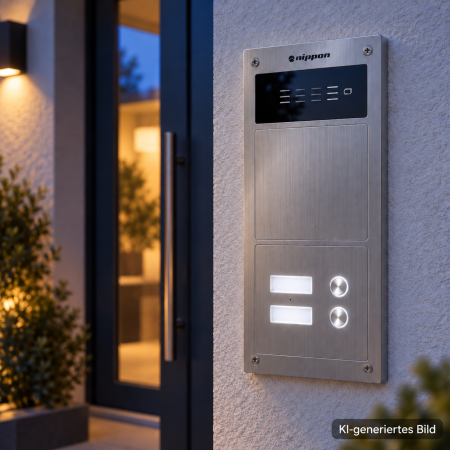 Nippon Türstation mit LED-beleuchteten Namensschildern und Klingeltastern in der Dämmerung (KI-generiertes Bild)