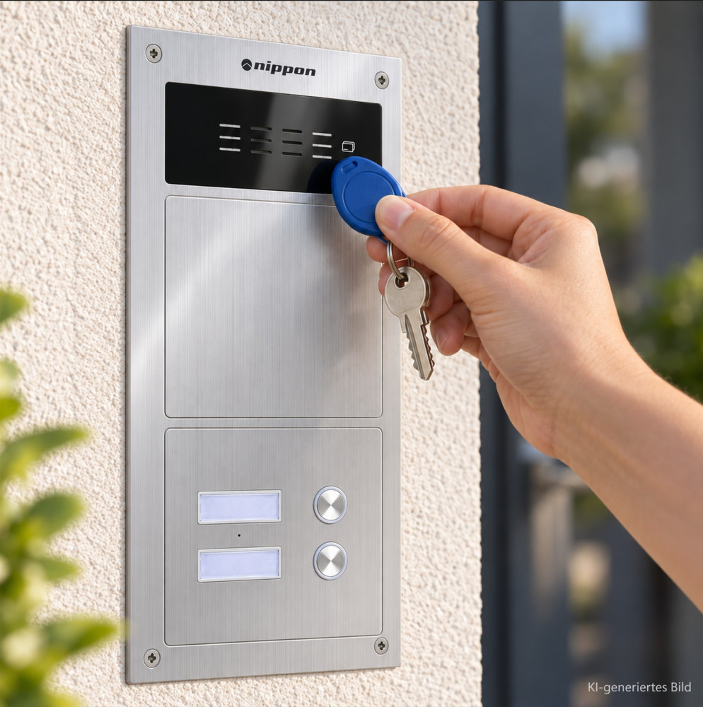 Hand hält blauen RFID-Schlüsselanhänger an das Lesefeld der Nippon Türstation (KI-generiertes Bild)