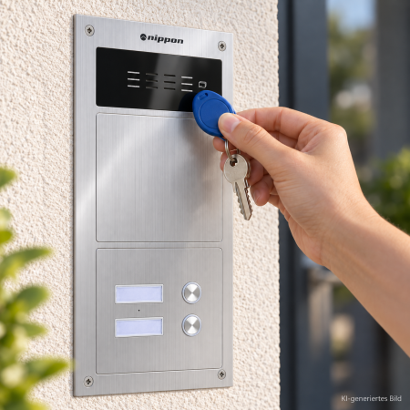 Hand hält blauen RFID-Schlüsselanhänger an das Lesefeld der Nippon Türstation (KI-generiertes Bild)