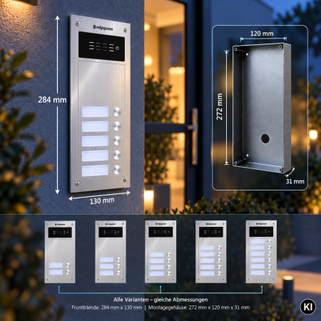 Preview: Abmessungen der Nippon Türstation: Frontblende 284 × 130 mm, Montagegehäuse 272 × 120 mm