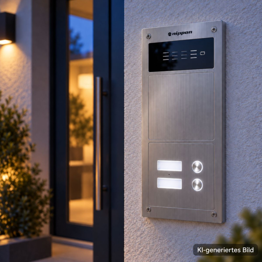 Preview: Türsprechanlage für 2-Familienhaus mit RFID – Nippon 2-Draht Komplett-Set (Aufputz & Unterputz)