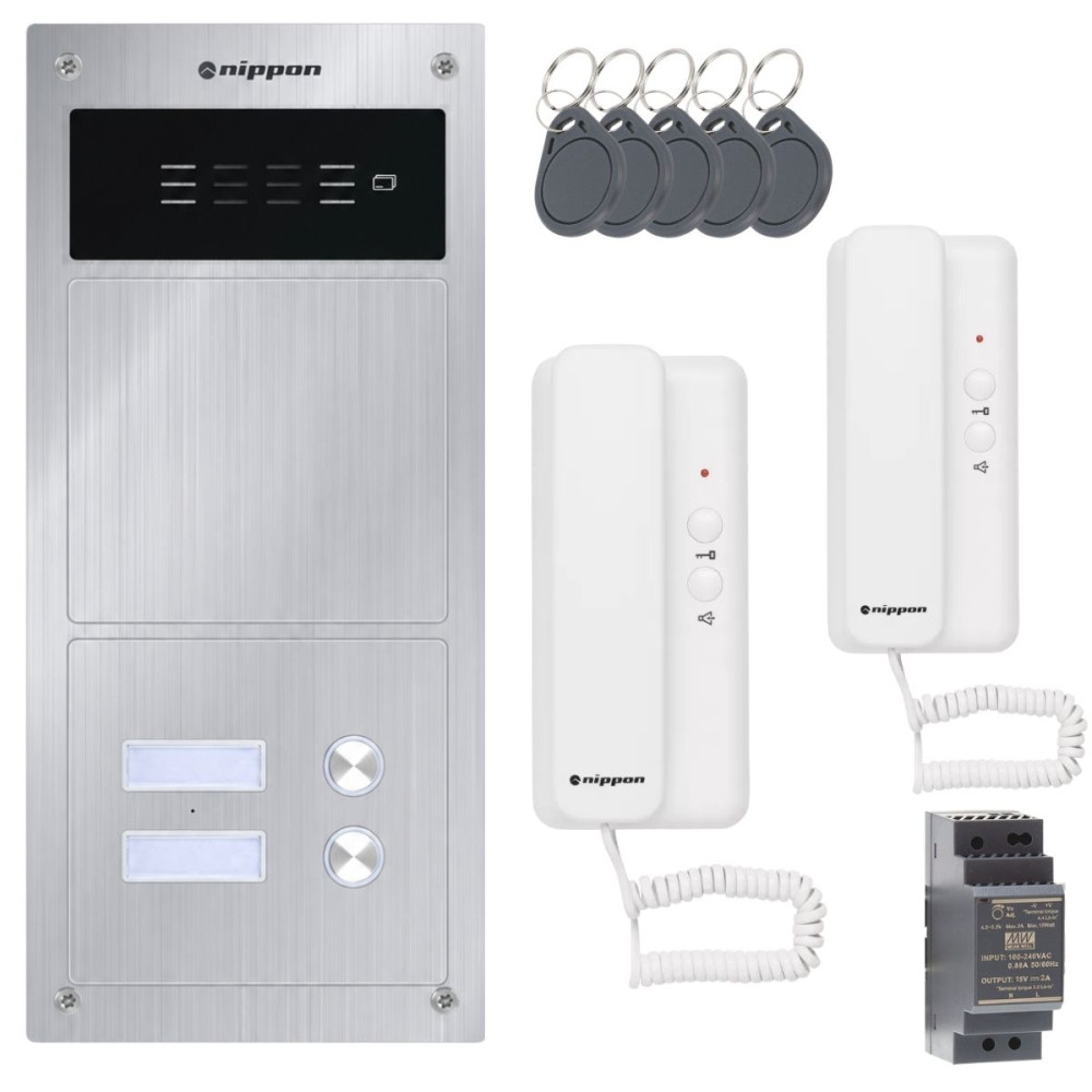 Türsprechanlage für 2-Familienhaus mit RFID – Nippon 2-Draht Komplett-Set (Aufputz & Unterputz)