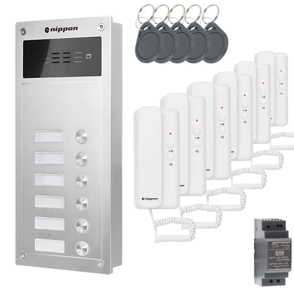 Preview: Nippon 2-Draht Türsprechanlage Set für 6-Familienhaus mit RFID