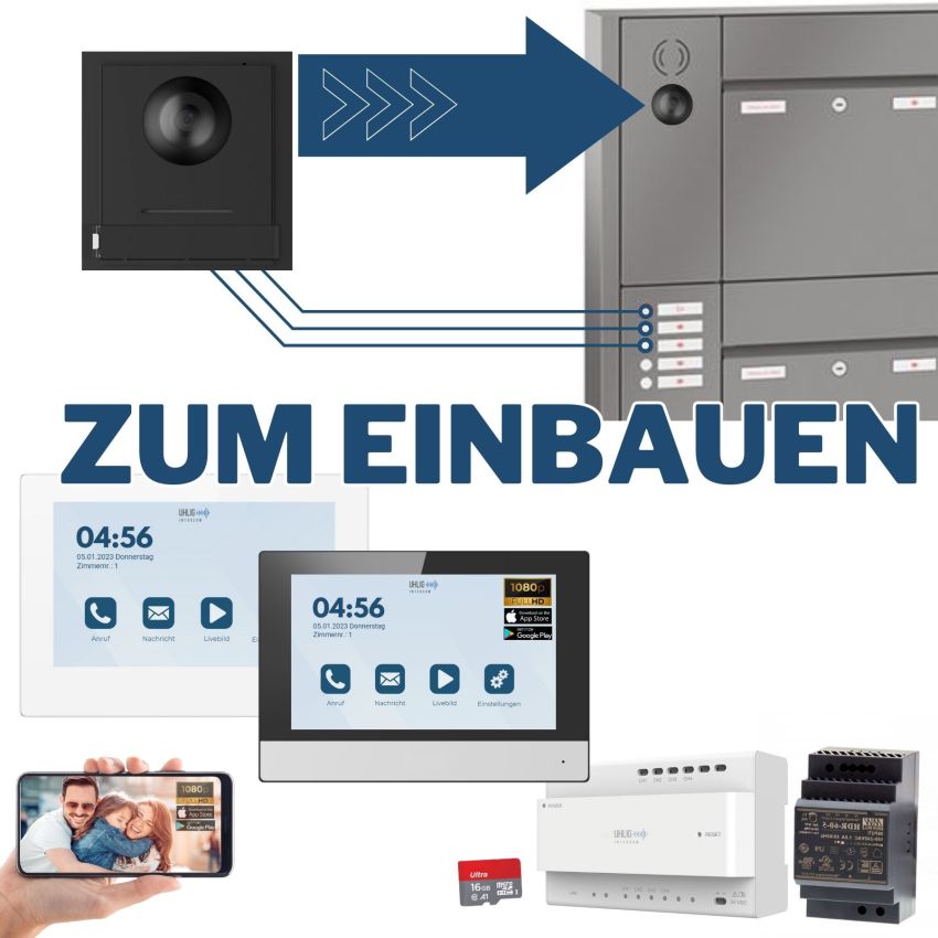 2-Draht Video Türsprechanlagen ModuLINE zum Einbauen in Briefkasten oder Klingelplatten: mit 2MP Kamera + 7" WLAN Touch Monitor + Handy App