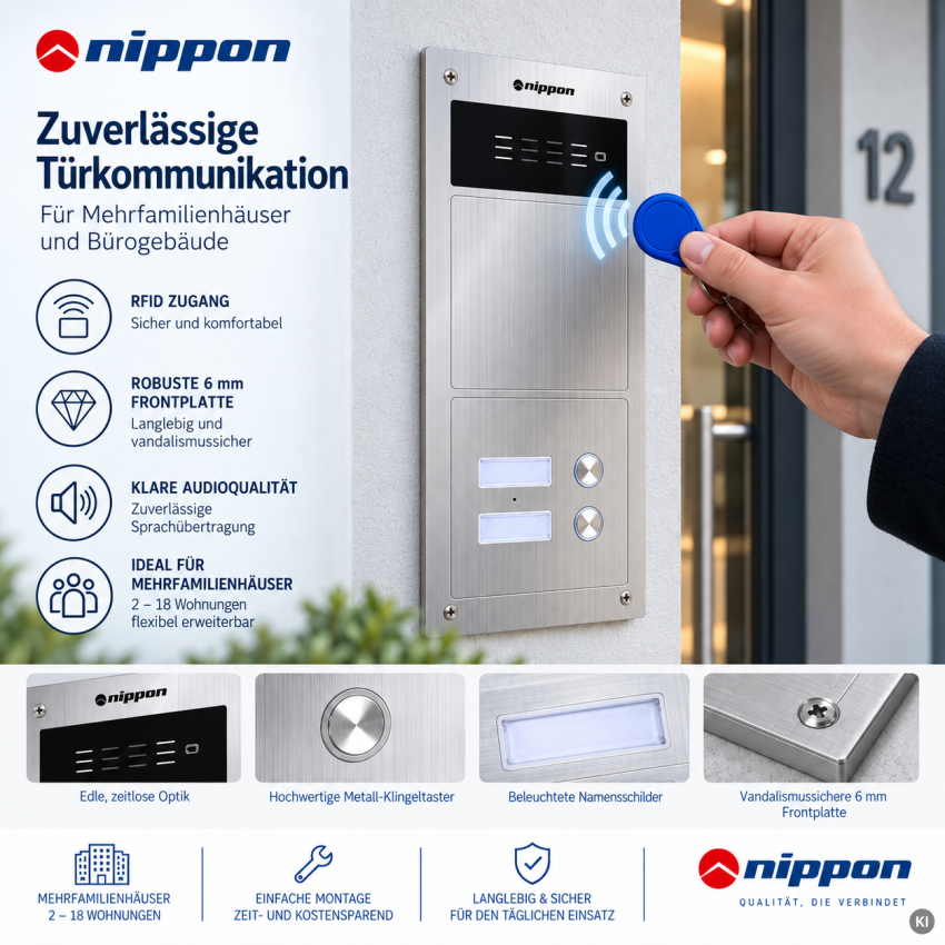 Nippon Türstation mit RFID-Zugang, 6 mm Aluminium-Frontplatte und beleuchteten Namensschildern