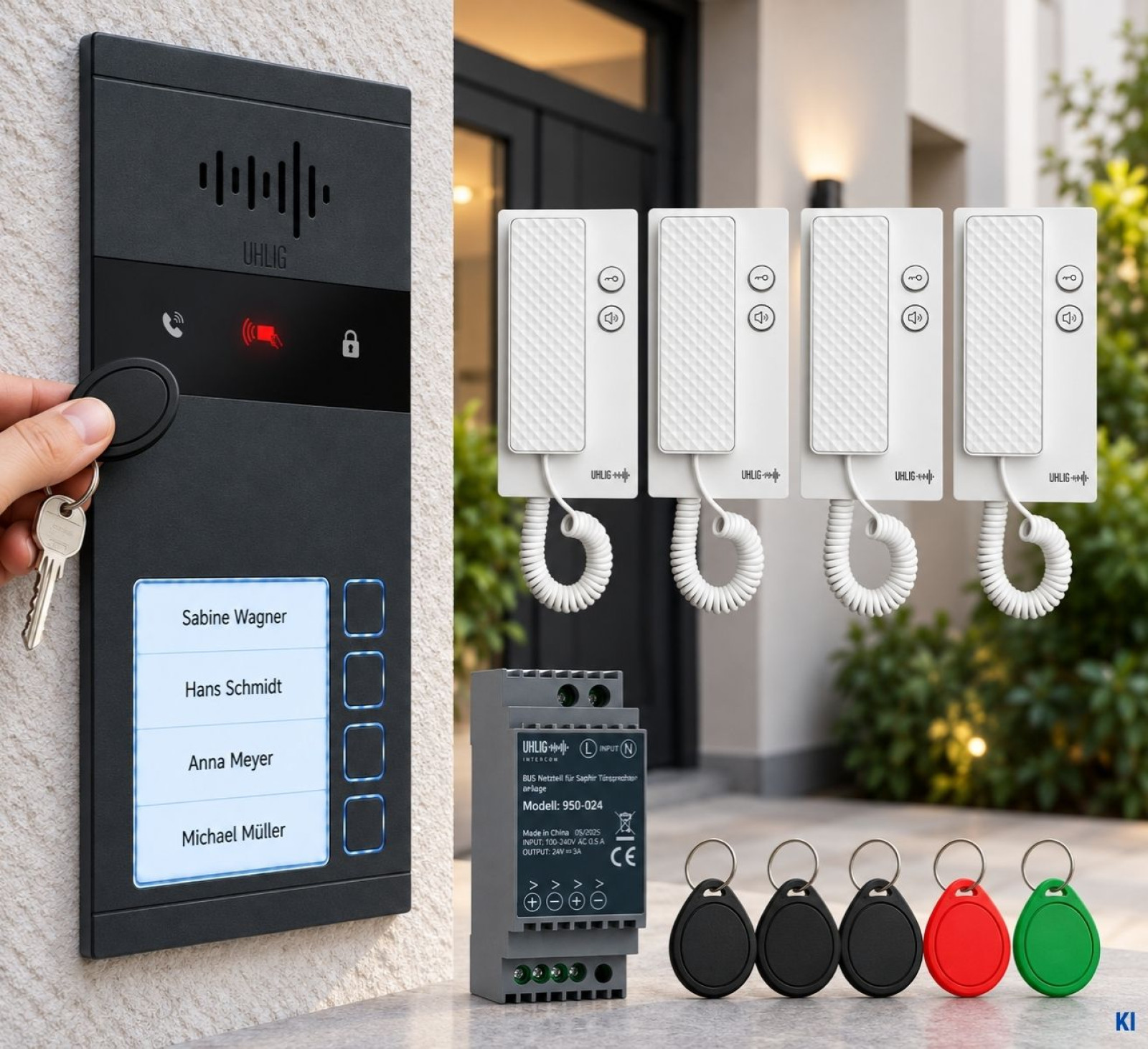 Saphir Türstation mit RFID am Hauseingang und RFID-Transponder als Zubehör