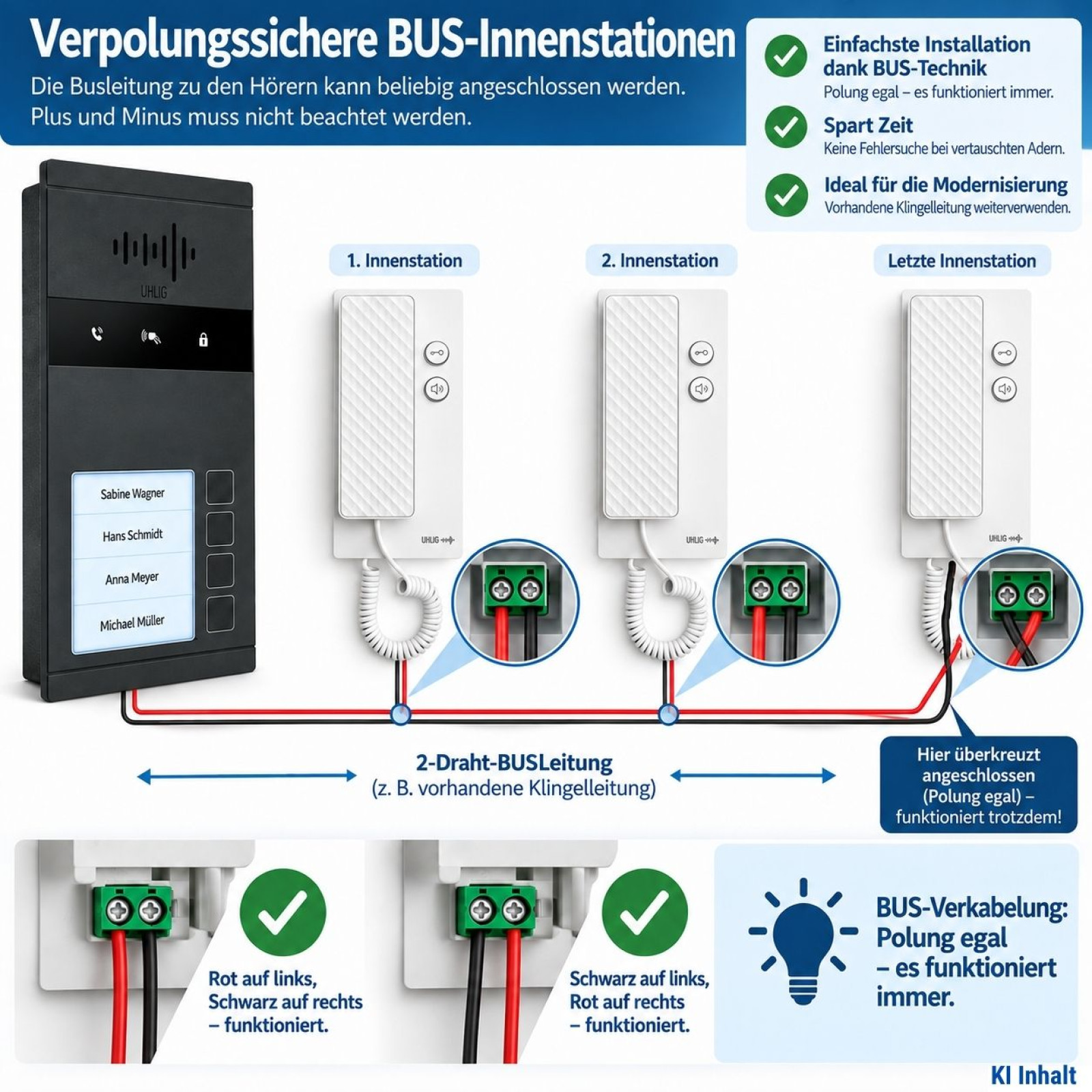 Saphir BUS-Innenstationen verpolungssicher anschließen
