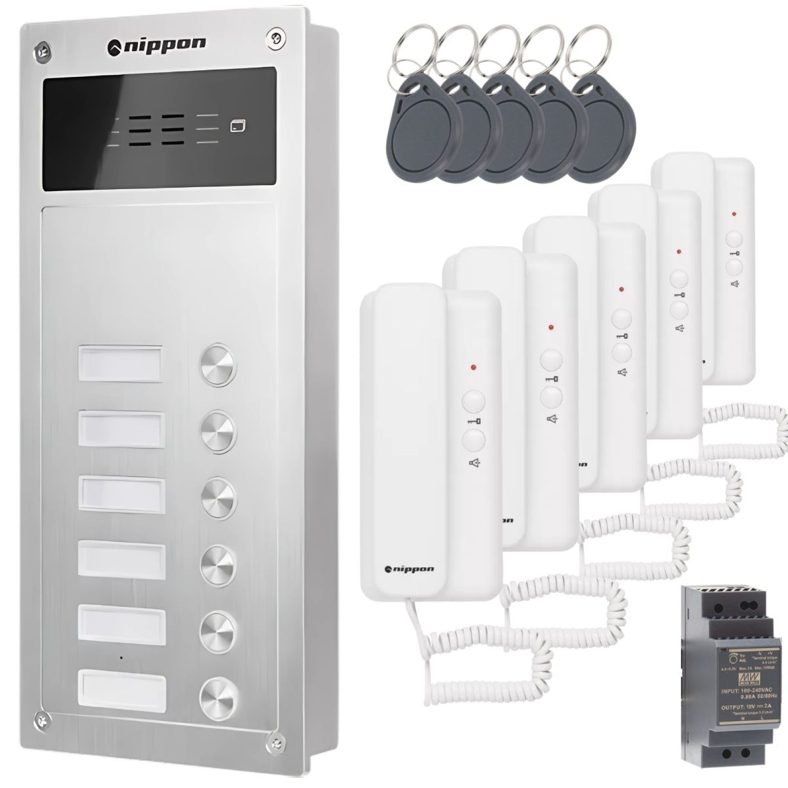 Nippon Türsprechanlage Set für 5-Familienhaus mit RFID