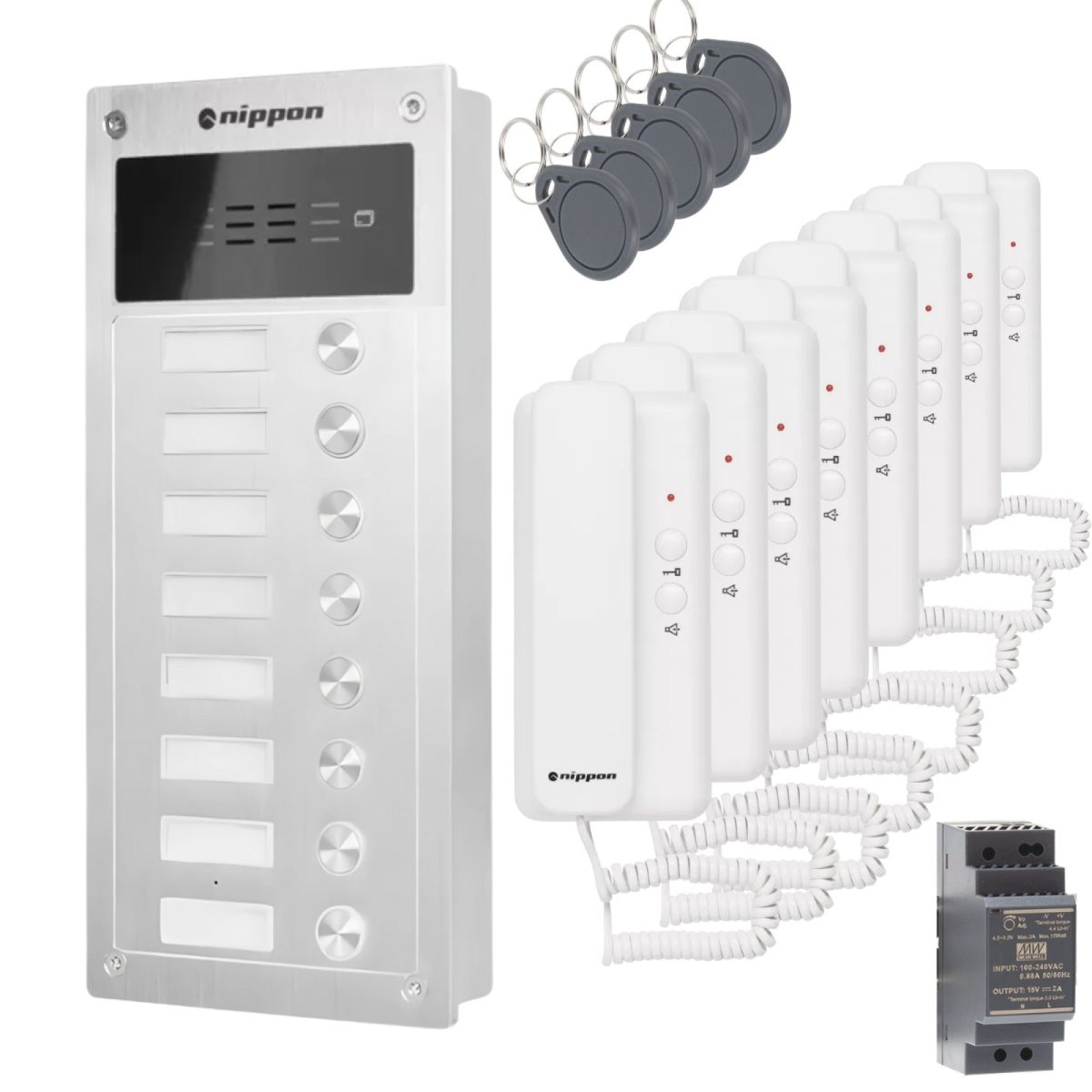 Nippon Türsprechanlage Set für 8-Familienhaus mit RFID