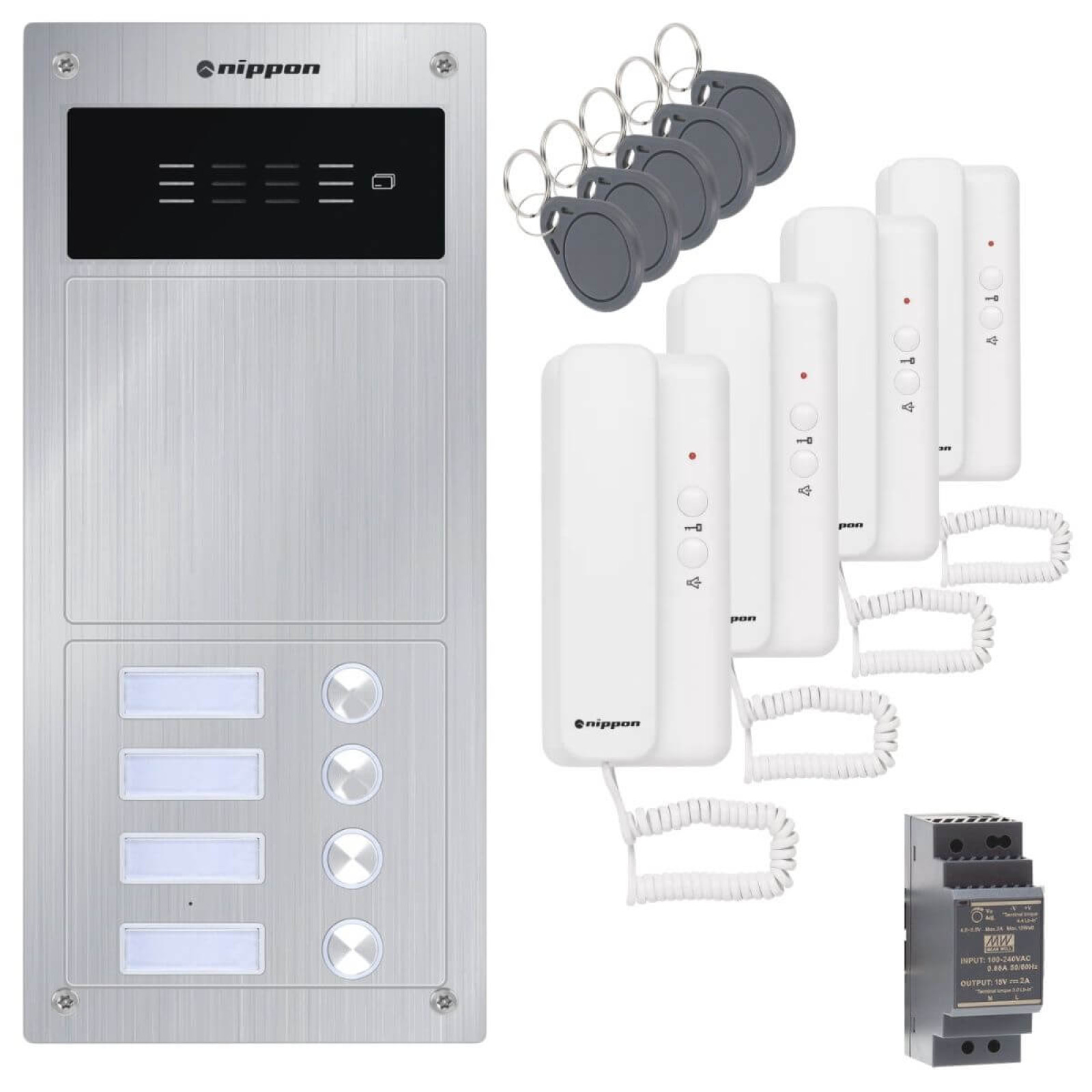 Nippon 2-Draht Türsprechanlage Set für 4-Familienhaus mit RFID, Draufsicht
