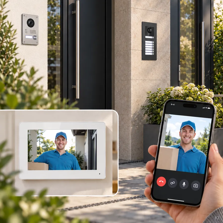 Videosprechanlagen: StarterLINE und ModuLINE Türstation, Monitor und App auf dem Smartphone