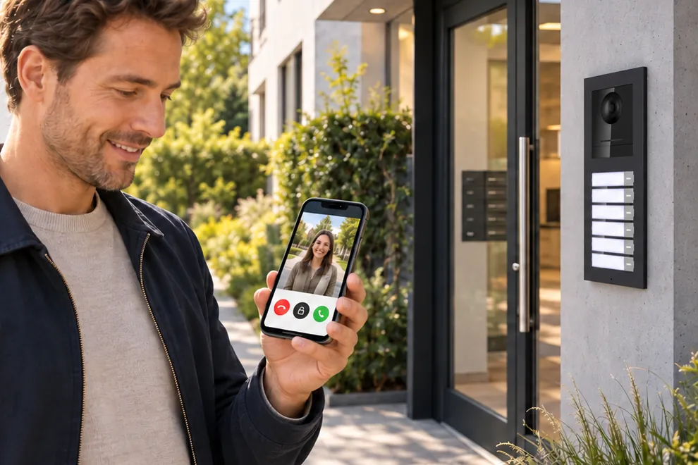 ModuLINE Videosprechanlage: Türstation mit sechs Klingeltastern am Mehrfamilienhaus, Türruf per App auf dem Smartphone