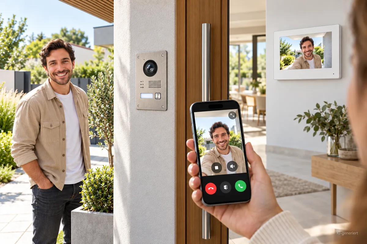 StarterLINE Videosprechanlage: Türstation an der Haustür, Monitor im Flur und Hik-Connect App auf dem Smartphone
