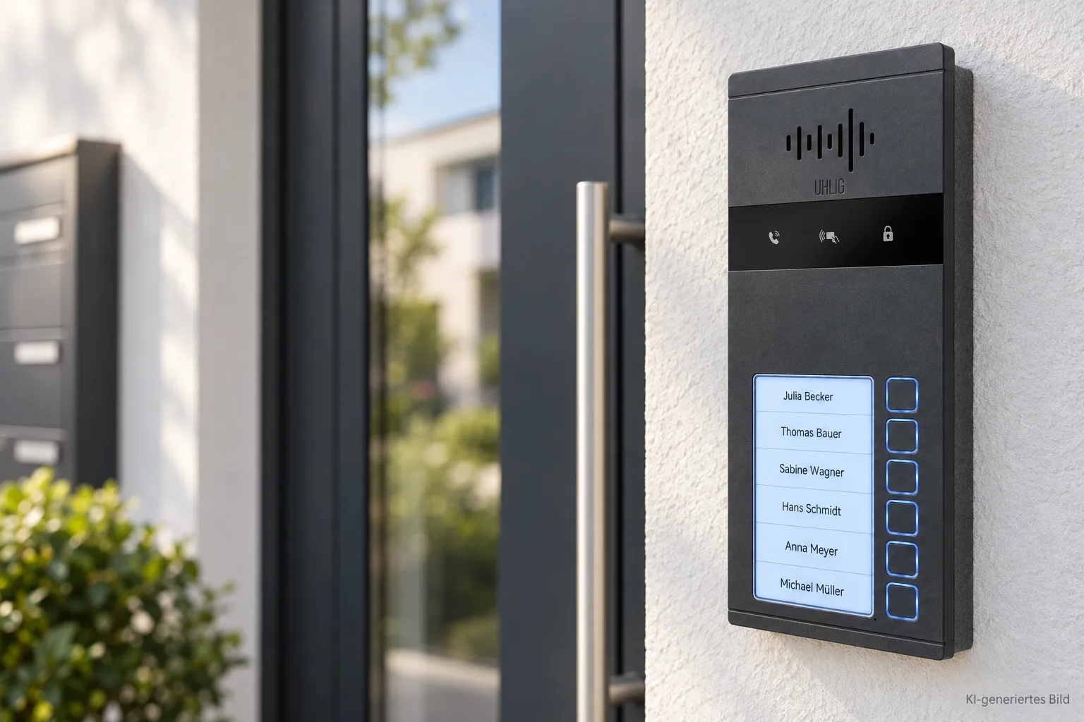 2-Draht-Türsprechanlage Saphir mit RFID-Lesefeld und sechs Klingeltastern neben der Haustür eines Mehrfamilienhauses