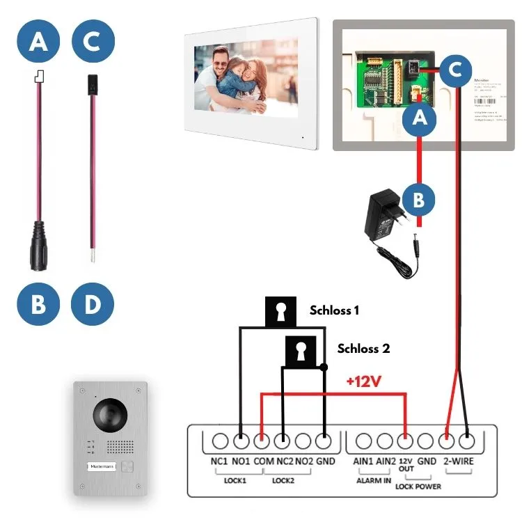 Schaltplan: Türöffner direkt an StarterLINE Türstation (12V OUT, COM, NO1, GND)